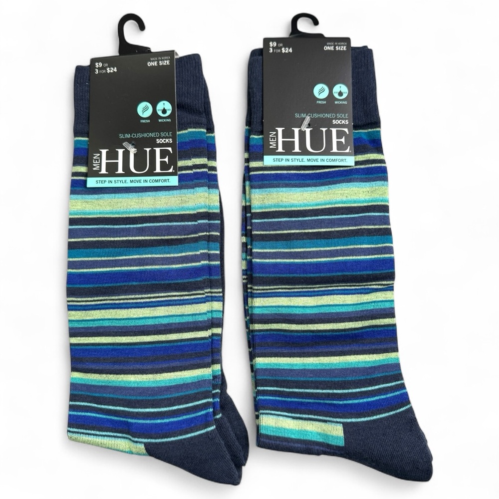 Hue Mens Slim Cushioned Sole Socks One Size Navy Striped 2 Pairs